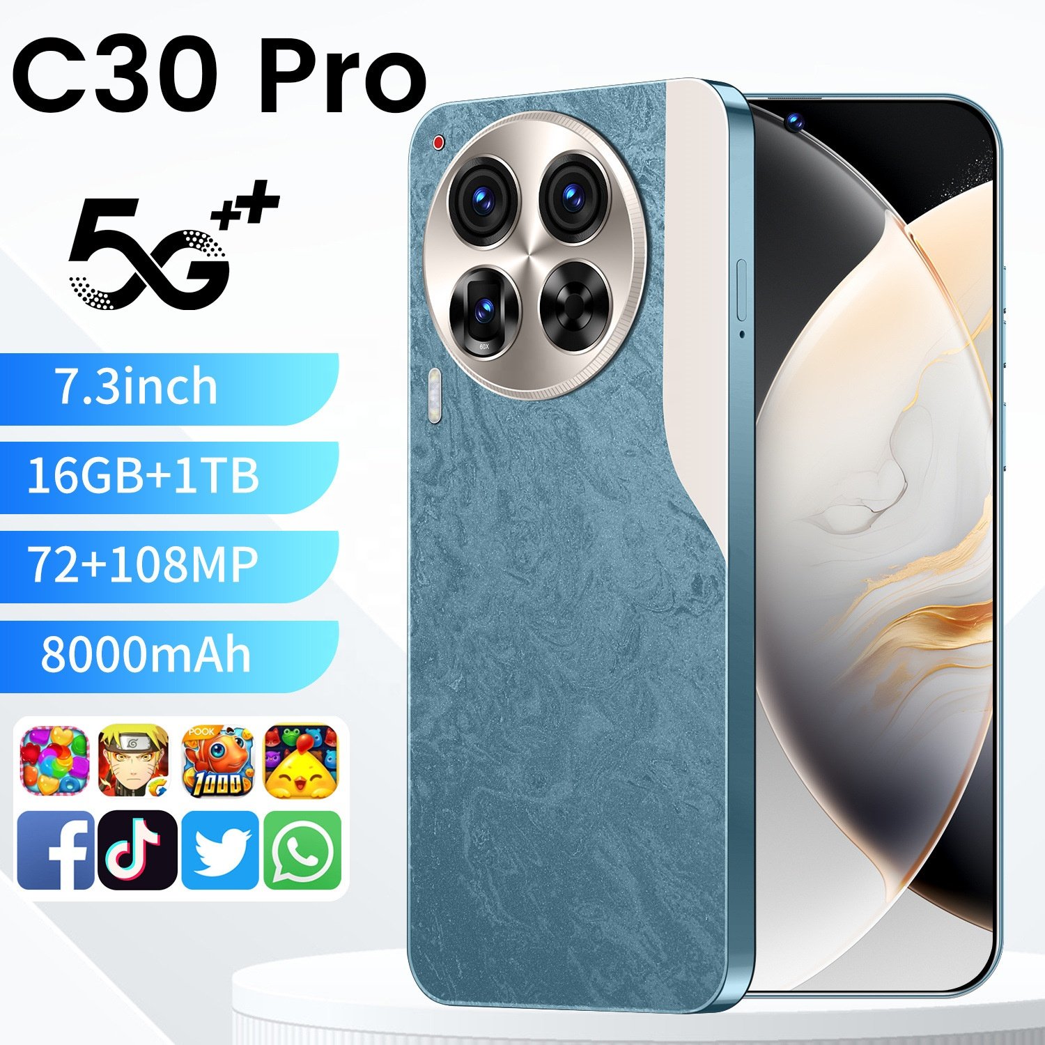 New arrival 7.3 Inch Phone 6800mAh Camon 30 Pro Original 16GB + 1TB Android 13.0 Tecno Phone 50MP + 108MP 5g Android Phone